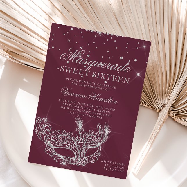 Masquerade mask silver glitter sparkles Sweet 16 Invitation (Creator Uploaded)
