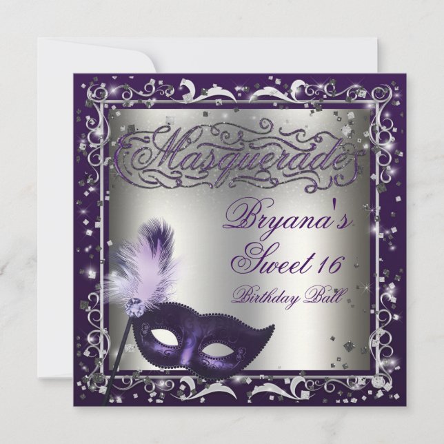 Masquerade Mask Silver & Purple Birthday Party Invitation (Front)