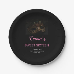 Masquerade Mask Sweet 16 15 Birthday Black, Pink Paper Plate