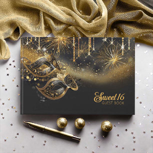 Masquerade Mask Sweet Sixteen Black Gold ID1032 Guest Book
