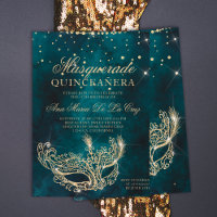 Masquerade mask teal gold glitter quinceanera