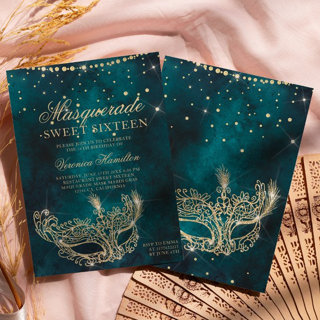 Masquerade mask teal gold glitter Sweet 16 Invitation (Creator Uploaded)