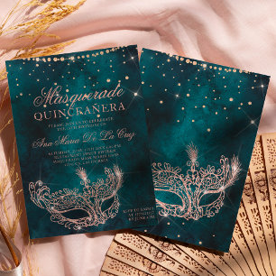 Masquerade mask teal rose gold glitter quinceanera invitation