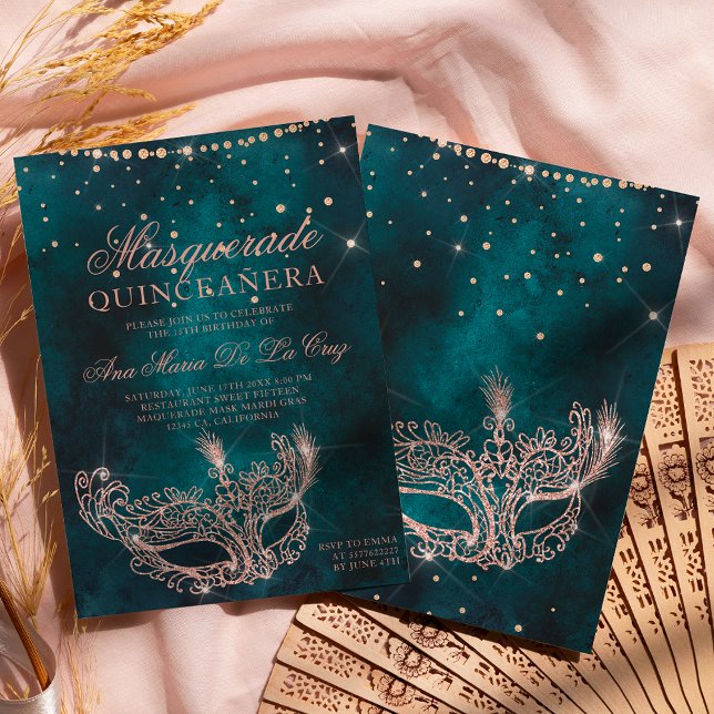 Masquerade mask teal rose gold glitter quinceanera invitation (Creator Uploaded)