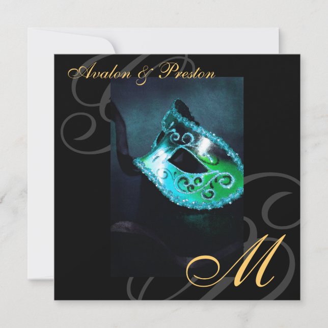Masquerade Mask Teal Swirl Wedding Invitation (Front)