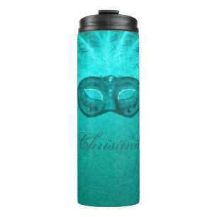 masquerade mask vintage teal feather art deco thermal tumbler