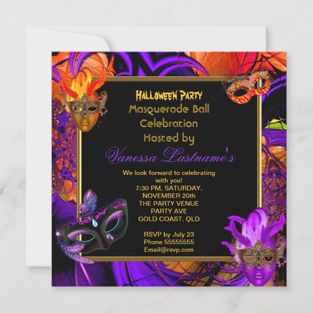 Masquerade Masked Purple Orange Halloween Party Invitation (Front)