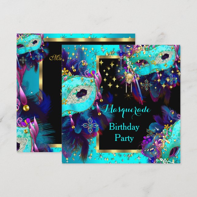 Masquerade Masked Teal Blue Pink Birthday Party Invitation (Front/Back)
