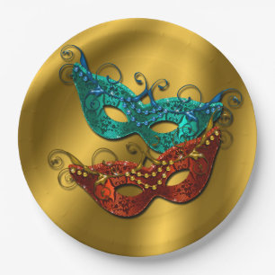 Masquerade Masks, Gold Satin Look Paper Plates 9"