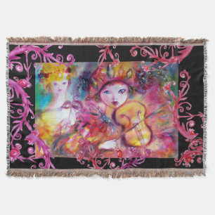 MASQUERADE MASKS ,HARLEQUIN VIOLINIST Pink Floral Throw Blanket