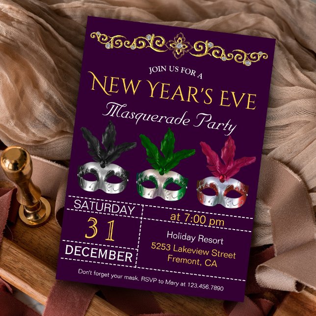 Masquerade Masks New Year's Eve Party Invitation (Creator Uploaded)