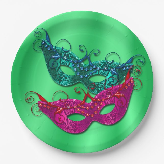 Masquerade Masks Party Paper Plates 9" (Front)