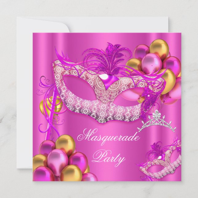 Masquerade Masks Pink Birthday Party Invitation (Front)