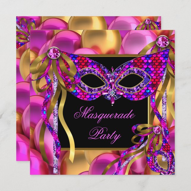 Masquerade Masks Pink Purple Blue Birthday Invitation (Front/Back)