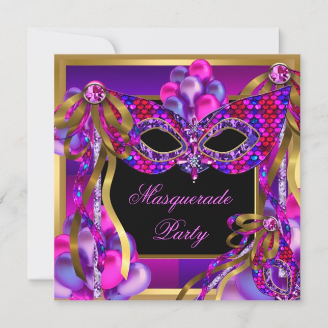 Masquerade Masks Pink Purple Teal Blue Birthday Invitation (Front)