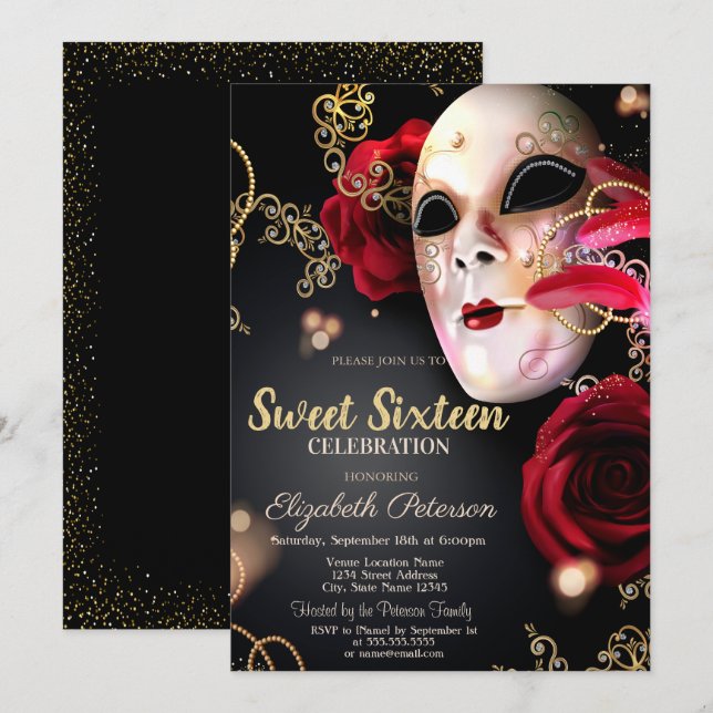 Masquerade,Masque,Confetti Red Roses Sweet 16  Invitation (Front/Back)