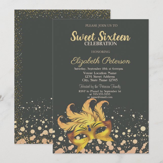 Masquerade,Masque,Dots,Confetti Sweet 16 Invitation (Front/Back)