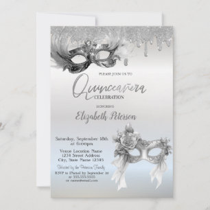 Masquerade Masque Glitter Drips Silver Quinceanera Invitation