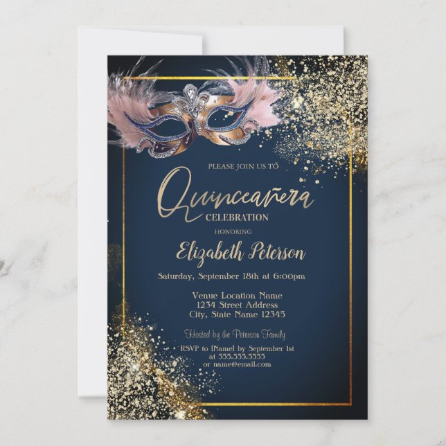 Masquerade Masque Glitter Navy Blue Quinceanera Invitation (Front)