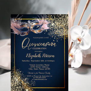 Masquerade Masque Glitter Navy Blue Quinceanera Invitation