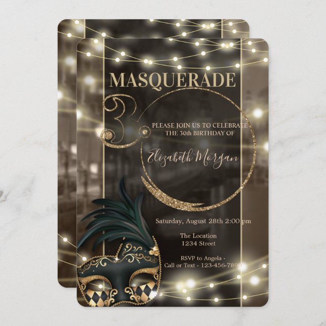 Masquerade Masque String Lights 30th Birthday   Invitation (Front/Back)