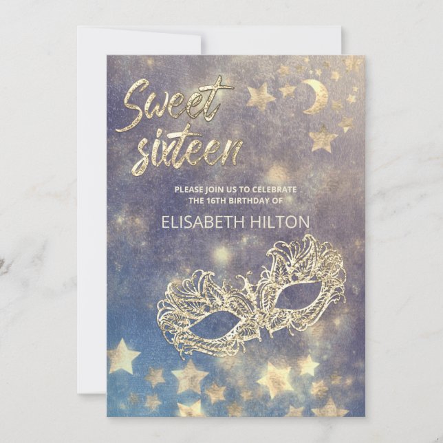 Masquerade moon & stars calligraphy sweet sixteen  invitation (Front)