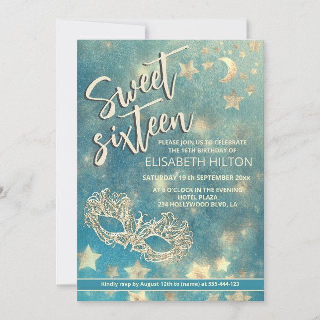 Masquerade moon & stars calligraphy sweet sixteen  invitation (Front)