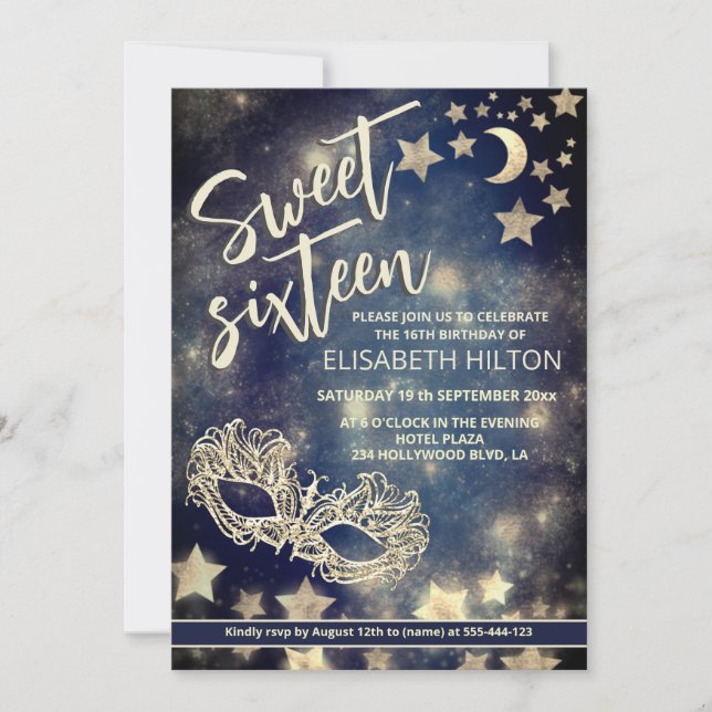 Masquerade moon & stars calligraphy sweet sixteen  invitation (Front)