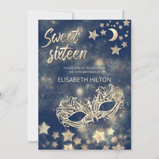 Masquerade moon & stars calligraphy sweet sixteen invitation (Front)