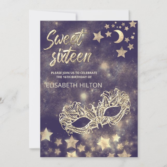 Masquerade moon & stars calligraphy sweet sixteen  invitation (Front)