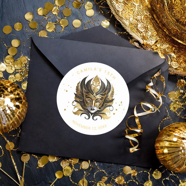 Masquerade Motif Quinceanera Black Gold ID1031 Classic Round Sticker (Creator Uploaded)