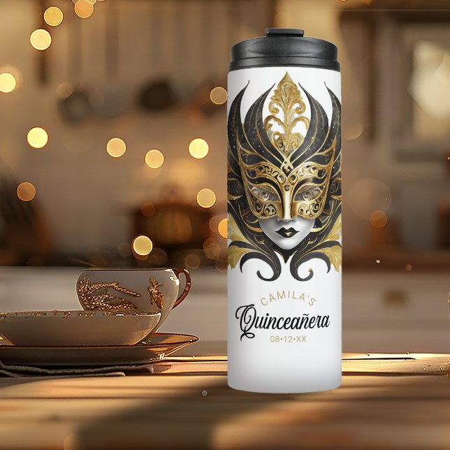 Masquerade Motif Quinceanera Black Gold ID1031 Thermal Tumbler (Creator Uploaded)
