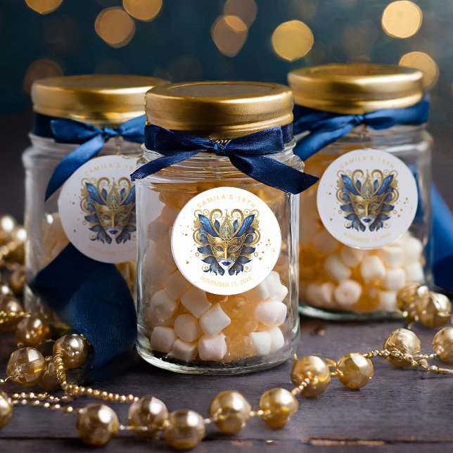 Masquerade Motif Quinceanera Blue Gold  ID1031 Classic Round Sticker (Creator Uploaded)