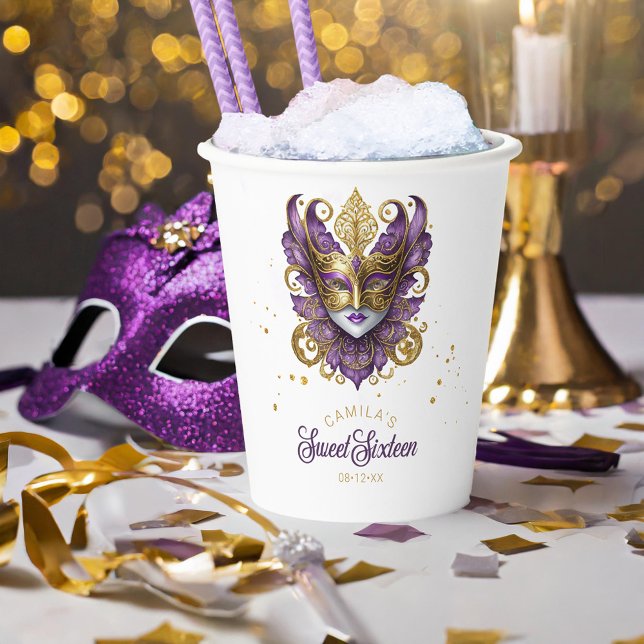 Masquerade Motif Sweet Sixteen Purple Gold ID1032 Paper Cups (Creator Uploaded)
