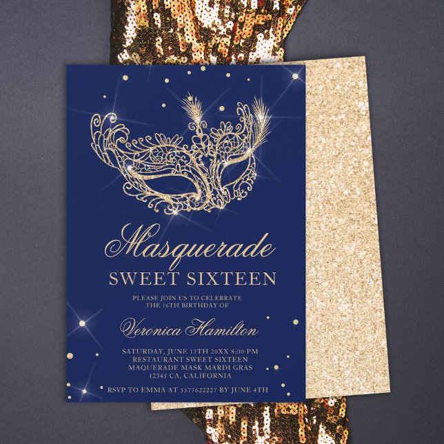 Masquerade navy blue gold glitter mask Sweet 16 Invitation (Creator Uploaded)