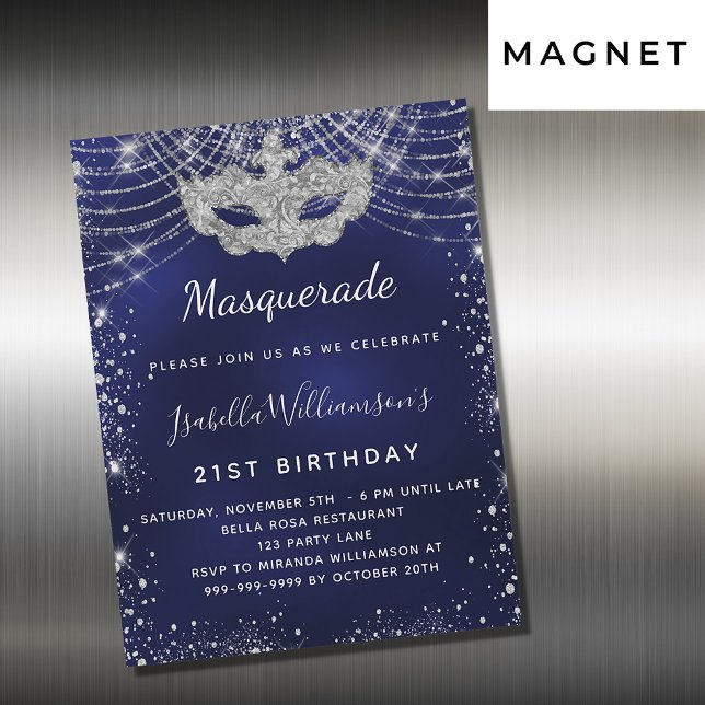 Masquerade navy blue silver birthday party magnetic invitation (Creator Uploaded)