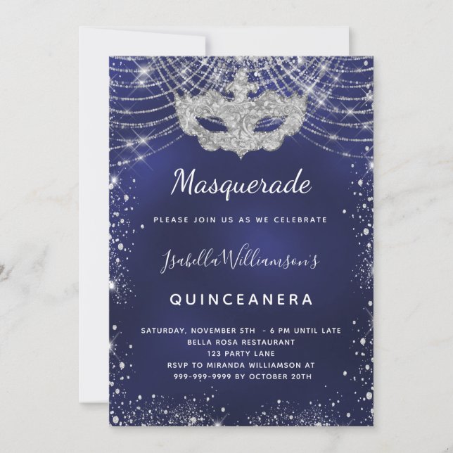 Masquerade navy blue silver Quinceanera party Invitation (Front)