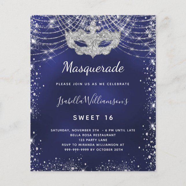 Masquerade navy blue silver Sweet 16 invitation (Front)