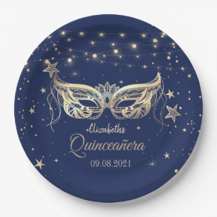 Masquerade, Navy Blue Stars Quinceañera Paper Plate