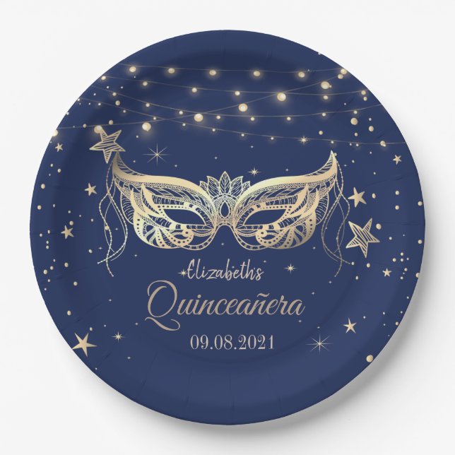 Masquerade, Navy Blue Stars  Quinceañera   Paper Plate (Front)