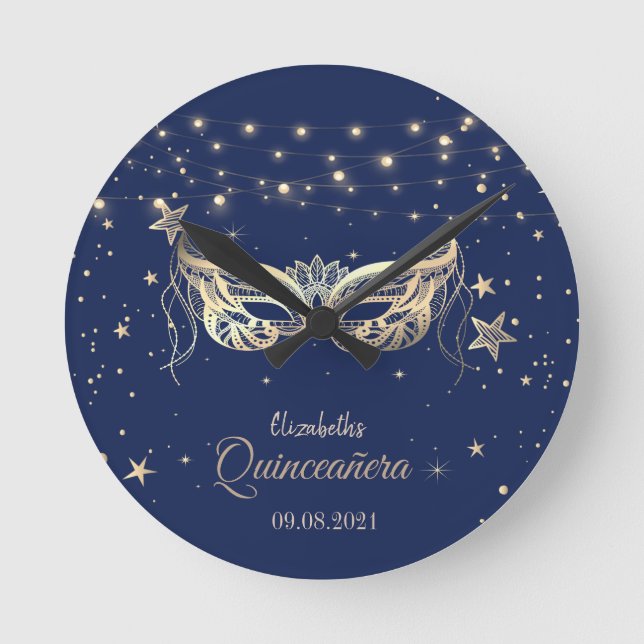 Masquerade, Navy Blue Stars  Quinceañera    Round Clock (Front)