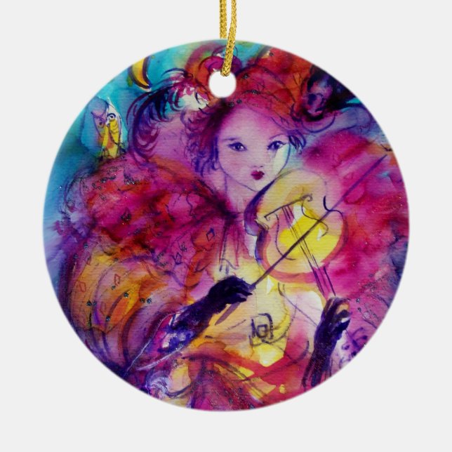 MASQUERADE NIGHT Carnival Musician in Pink Costume Ceramic Tree Decoration (Front)