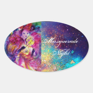 MASQUERADE NIGHT Carnival Musician in Pink Costume Oval Sticker