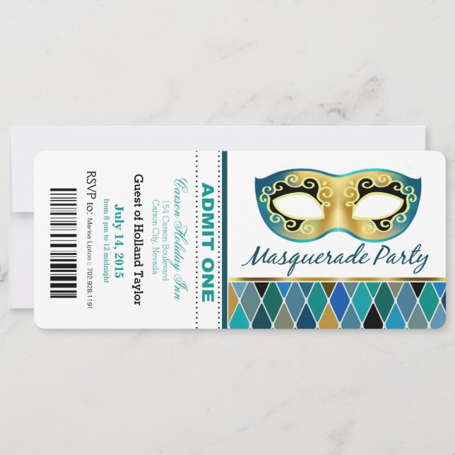 Masquerade Party Admit One Ticket | teal Invitation (Front)
