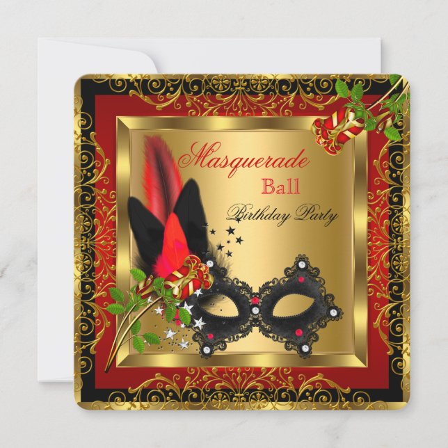 Masquerade Party Ball Gold Red Black Mask Rose Invitation (Front)