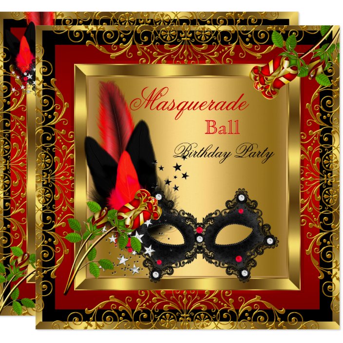 Masquerade Party Ball Gold Red Black Mask Rose Invitation Uk