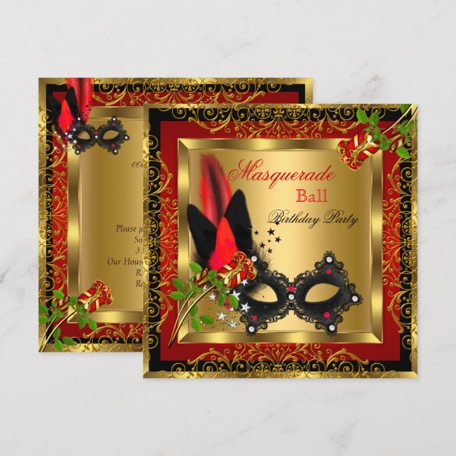 Masquerade Party Ball Gold Red Black Mask Rose Invitation (Front/Back)