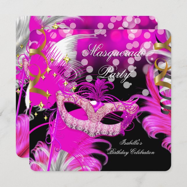Masquerade Party Birthday Hot Pink Mask Feathers 3 Invitation (Front/Back)
