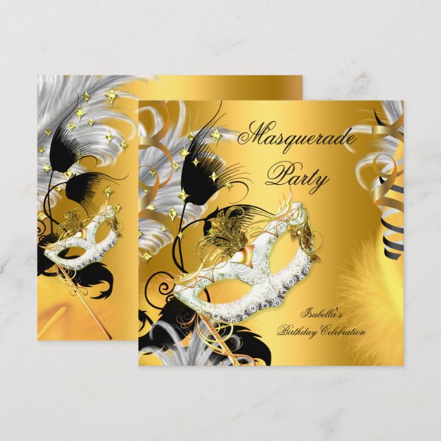 Masquerade Party Birthday Mask Black Gold Invitation (Front/Back)