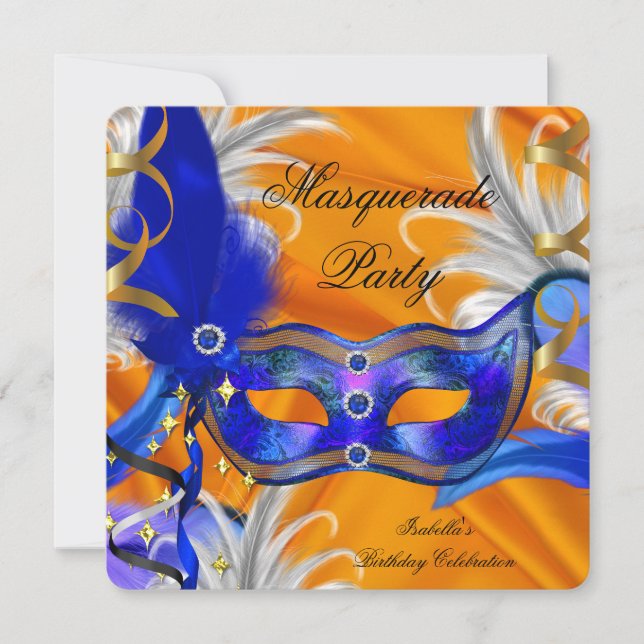 Masquerade Party Birthday Party Blue Orange Invitation (Front)
